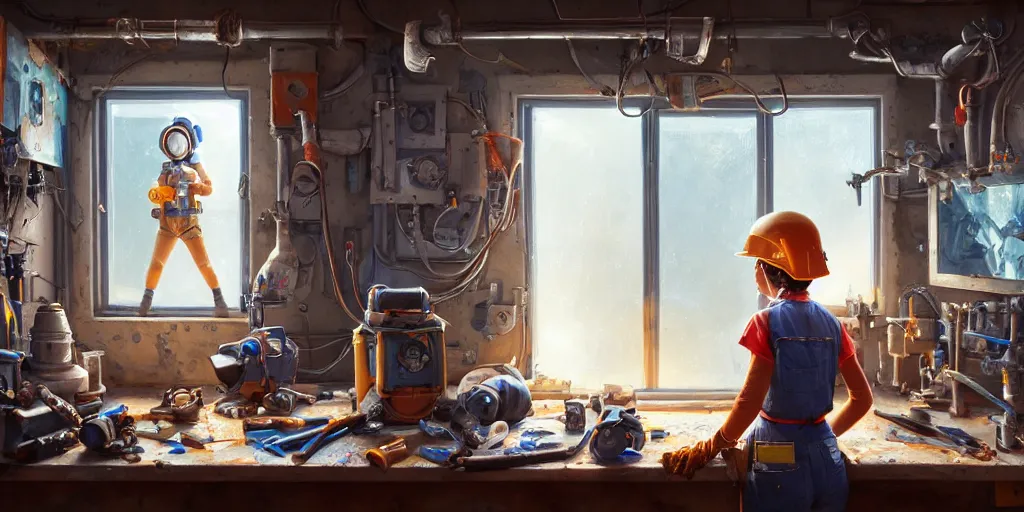 Image similar to highly detailed portrait painting of welder girl perfect symmetrical face, room mono window, workbench mess, by eddie mendoza and tyler edlin, 8 k resolution