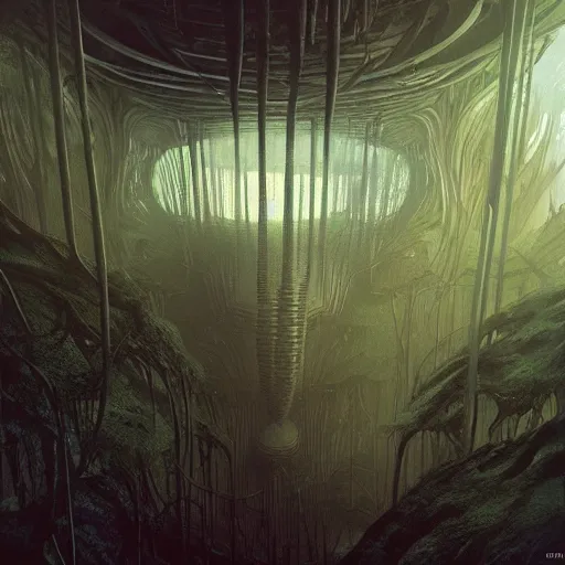 Prompt: epic alien jungle by zdzisław beksinski, greg rutkowski inside a giant futuristic factory by zaha hadid, inspired by the movie inception