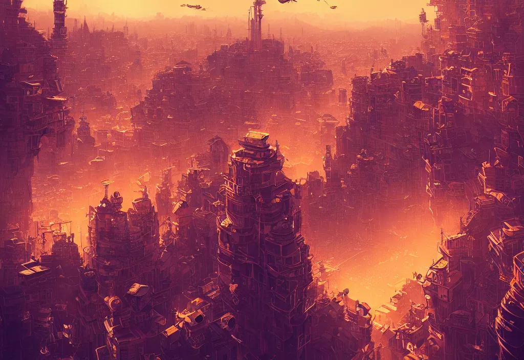 Prompt: flying steampunk city with ceppelin in the middle By alena aenami, digital art, 4k, trending on artstation, highly detailed, golden hour