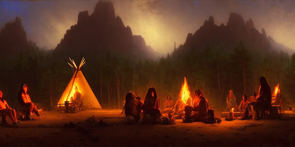 Image similar to some old native americans sitting together at a fire in front of some tipis, beatiful mountain background, cyberpunk, by albert bierstadt, by greg rutkowski, highly detailed, warm lightning, digital painting