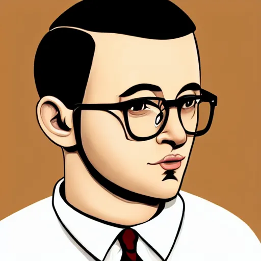 Prompt: 50 year old brunette man with very short hair, buzz cut, round round round face round face round face round face , romanian, glasses, romanian heritage, brown eyes, olive skin, round nose, round chin, clean shaven wide face, thin lips, , digital art, painterly, cartoon, cute, 8k, illustration, art by loish, painterly, trending on artstation, medium shot, uncropped