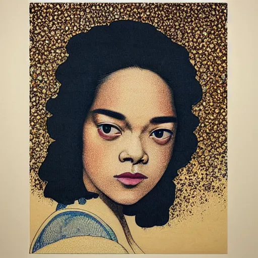 Prompt: “ tessa thompson portrait by ikenaga yasunari and ayana otake and ko rakusui, 6 0 s poster, drawing, realistic, sharp focus, japanese, dreamy, nostalgia, faded, golden hues, floral clothes, porcelain skin ”