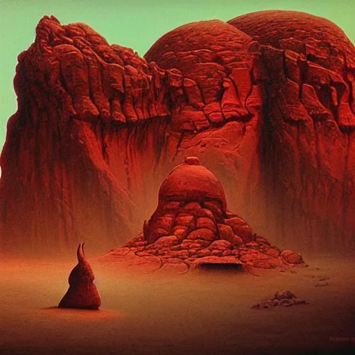 Image similar to only red colour, alien landscape of wadi rum, filigree ornaments, jordan, volumetric lights, beksinski