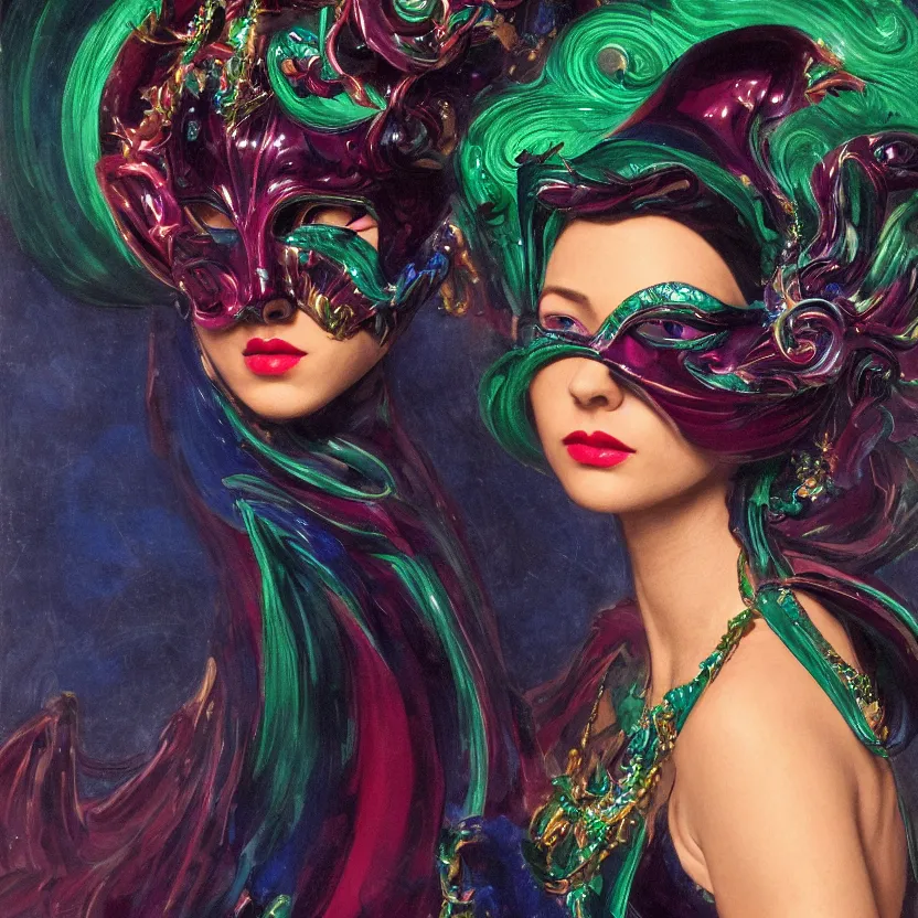 Prompt: a portrait of a liquid porcelain malachite sapphire ruby model wearing a liquid venetian carnival mask. night time. deep reflective green blue tones. renaissance masterpiece. highly detailed sci - fi fantasy painting by norman rockwell, frank frazetta, johfra bosschart, and syd mead. rich colors, high contrast, dark background. artstation