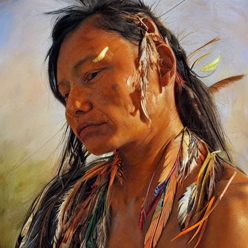 Image similar to high quality high detail painting by jenny saville, hd, a skinny beautiful indigenous woman tribe leader, hair in wind, many pretty feathers, photorealistic lighting