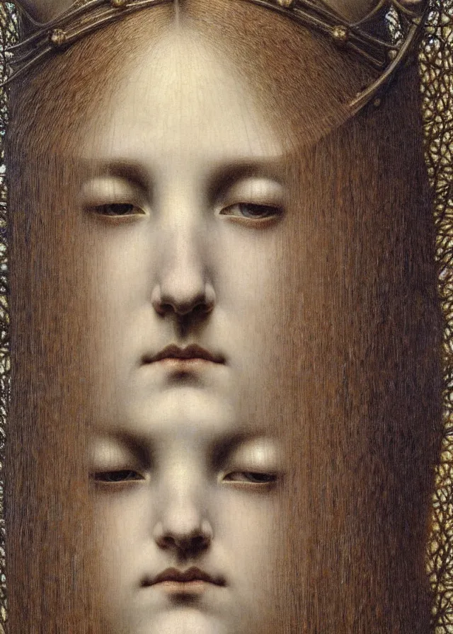 Image similar to detailed realistic beautiful young medieval queen face portrait by jean delville, gustave dore and marco mazzoni, art nouveau, symbolist, visionary, gothic, pre - raphaelite. horizontal symmetry