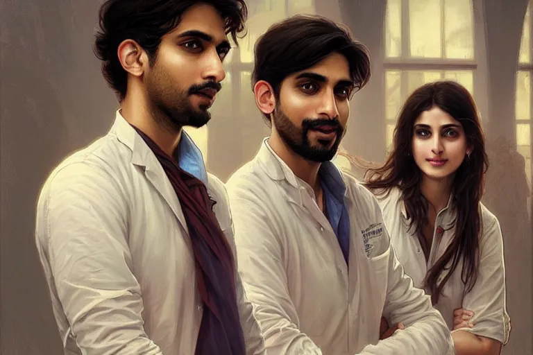 Image similar to Anxious good looking pale young Indian doctors wearing American clothes chatting at the airport, portrait, elegant, intricate, digital painting, artstation, concept art, smooth, sharp focus, illustration, art by artgerm and greg rutkowski and alphonse mucha