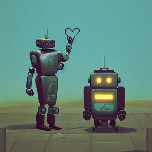 Prompt: Two men in a robot suit fighting over a heart by Simon Stålenhag