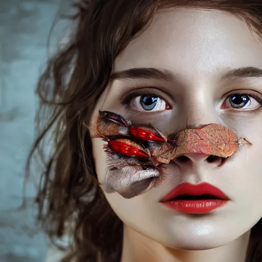 Prompt: a cockroach with a caucasian girl's face stapled on, concept art, 4 k photorealism, trending on unsplash, 4 k quality