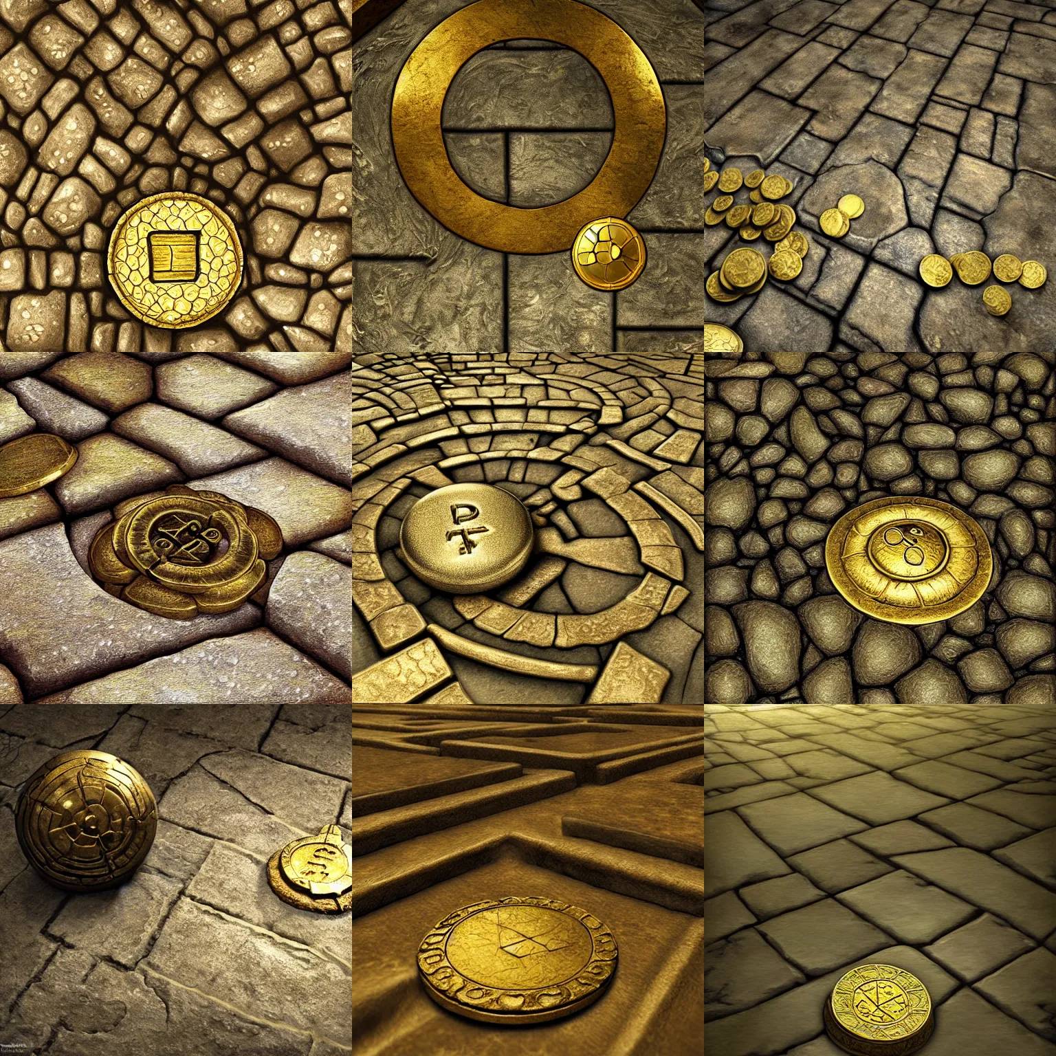 Prompt: trap, stone floor, gold coin, dnd fantasy digital art, high detail, realistic