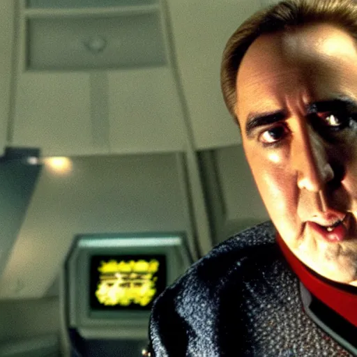 Prompt: a fat nic cage playing captain kirk in star trek, hd digital photography, movie still