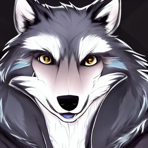 Image similar to key anime visual portrait of an anthropomorphic anthro wolf fursona, in a jacket, with handsome eyes, official modern anime art