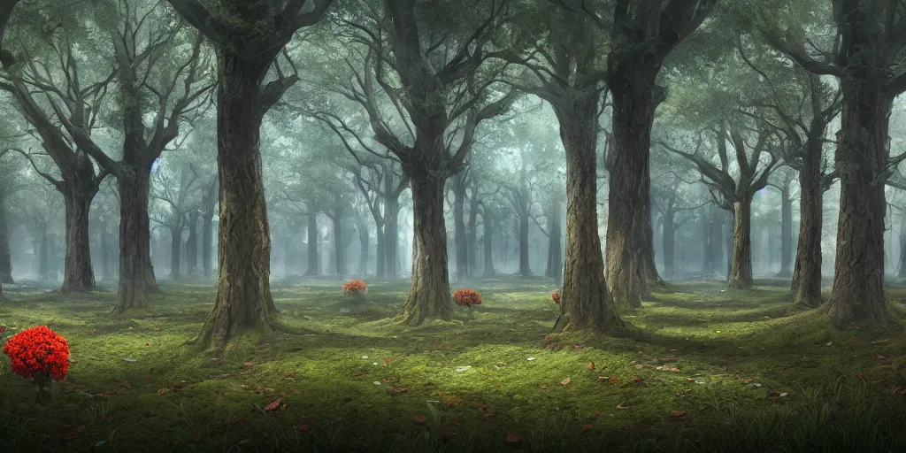 Image similar to A memorial grove of trees of various sizes dedicated to missing people, metal plaques, solemn, brooding, somber tone, flowers, game art matte painting hyperdetailed, artstation, cgsociety, 8k, surreal dream landscape