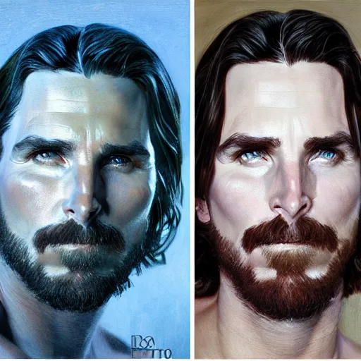 Prompt: Front and side portrait of Christian Bale by Donato Giancola