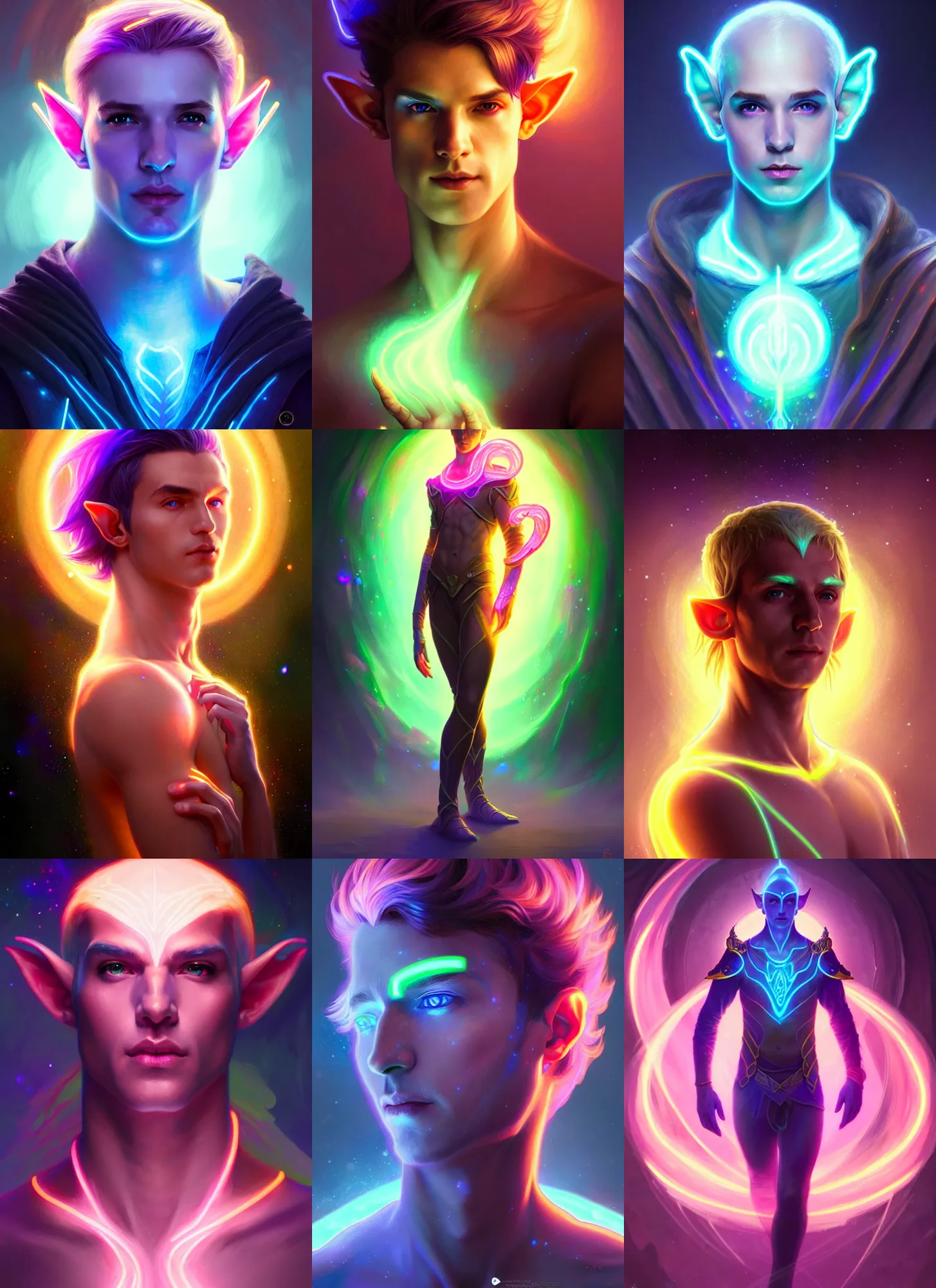 Prompt: a male elf faceless glowing liquefied stardust adventurer, dnd fantasy character, full body portrait, glowing neon skin, magical aura, ultra realistic, intricate, elegant, highly detailed, digital painting, artstation, smooth, sharp, focus, illustration, art by artgerm and greg rutkowski and alphonse mucha