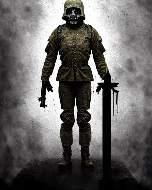 Image similar to full-body creepy realistic illustration central composition, a decapitated soldier with futuristic elements. he welcomes you into the fog with no head, dark dimension, empty helmet inside is occult mystical symbolism headless full-length view. standing on ancient altar eldritch energies disturbing frightening eerie, hyper realism, 8k, sharpened depth of field, 3D, award-winning digital artwork by Salvador Dali, Beksiński, Van Gogh and Monet.