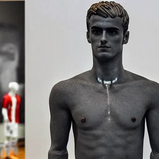 Image similar to “ a realistic detailed photo of a guy who is an attractive humanoid who is half robot and half humanoid, who is a male android, soccer player antoine griezmann, shiny skin, posing like a statue, blank stare, at the museum, on display ”