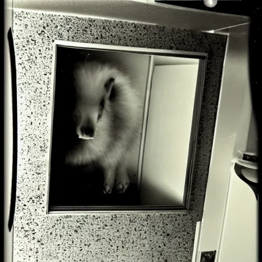 Image similar to strange creepy fuzzy creature found in the cabinet under a sink, dark photograph