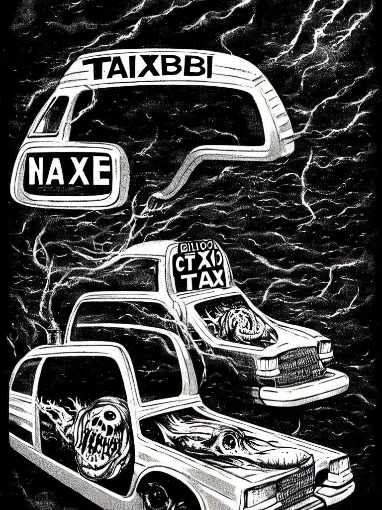 Image similar to Vintage Horror Illustration of a Blob Creature Consuming a Taxi Cab. Glowing , Spooky lighting , Pinterest