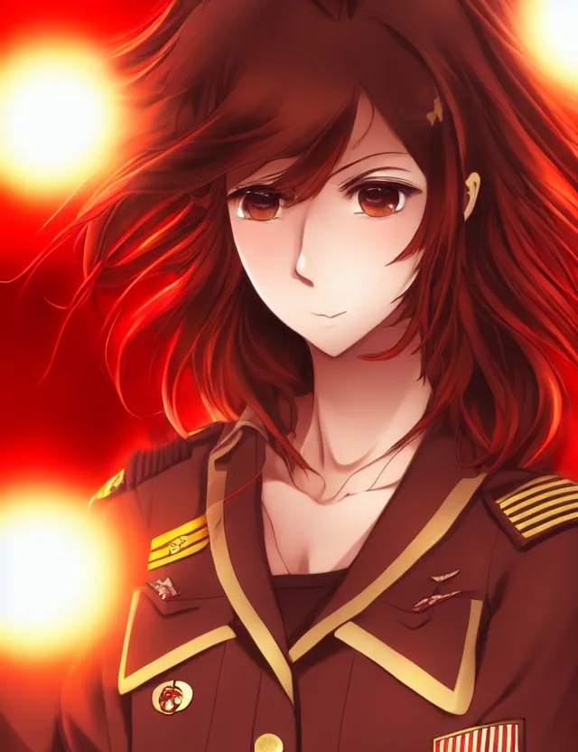 Image similar to a detailed manga portrait of a beautiful brown haired woman in a military uniform glowing with swirling red energy, trending on artstation, digital art, 4 k resolution, detailed, high quality, sharp focus, hq artwork, coherent, insane detail, character portrait