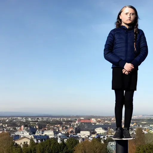 Prompt: photo of greta thunberg standing on top of a very tall tower