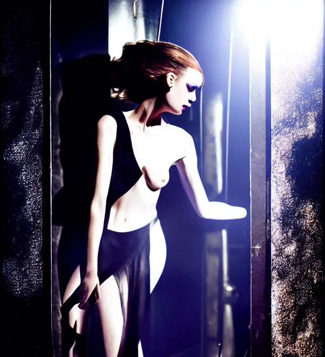 Image similar to la la land unseen film scene of gaz station by night starring seductive actress doing tango dancing, with stylish colorfull makeup and fluid cloth. intriguing soft back lighting, highly detailed, skin grain detail, photography by paolo roversi, nick knight