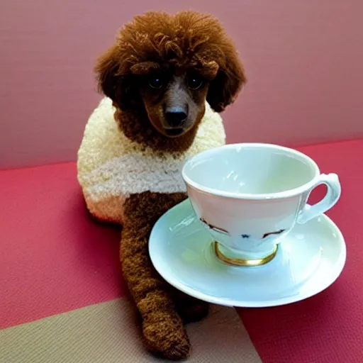 Prompt: Cute poodle sitting inside a tea cup