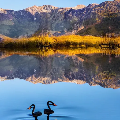 Image similar to photo of two black swans touching heads in a beautiful reflective mountain lake, a colorful hot air balloon is flying above reflecting off water, hot air balloon, intricate, 8k highly professionally detailed, centered, HDR, CGsociety