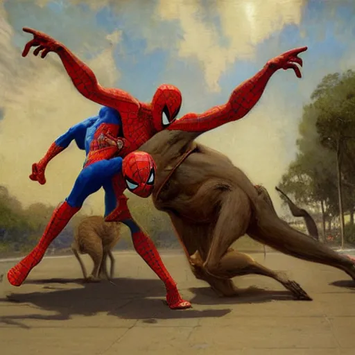 Image similar to a giant kangaroo fighting a giant spiderman on the streets of sydney by gaston bussiere, craig mullins, j. c. leyendecker