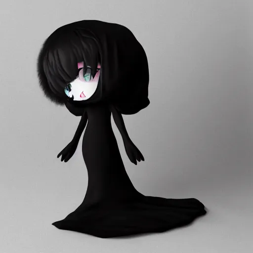 Prompt: cute fumo plush of a cursed floating blob of dark ichor vaguely in the shape of a cute girl, amorphous, inky blackness, fluid simulation melting, gothic dress with lace, black and white, horror, vray