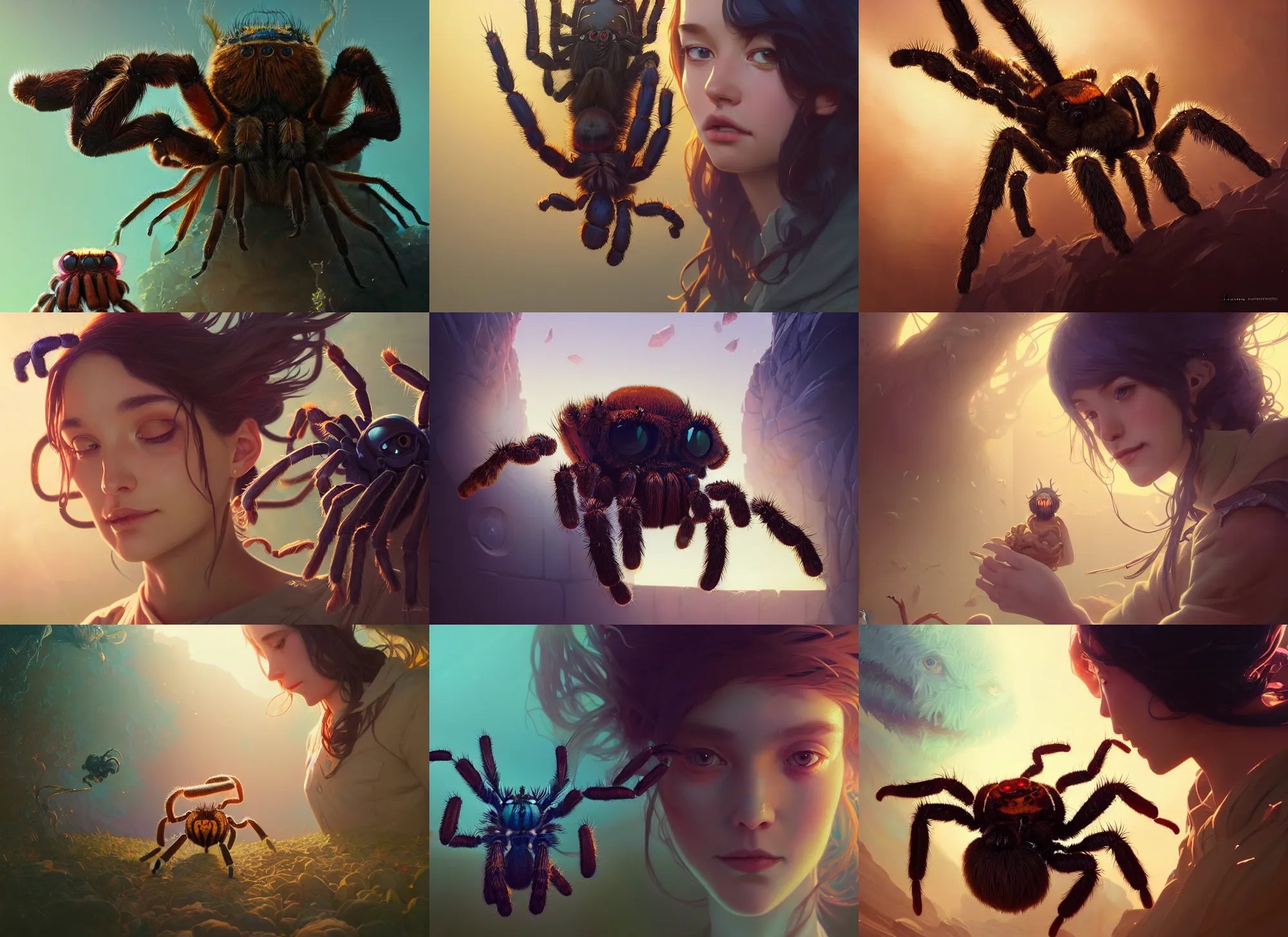 Prompt: highly detailed portrait of tarantulas, stephen bliss, unreal engine, greg rutkowski, loish, rhads, beeple, makoto shinkai and lois van baarle, ilya kuvshinov, rossdraws, tom bagshaw, alphonse mucha, global illumination, god rays, detailed and intricate environment