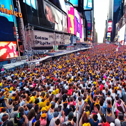 Prompt: giant foot over the crowd standing on times square, ready to squash them