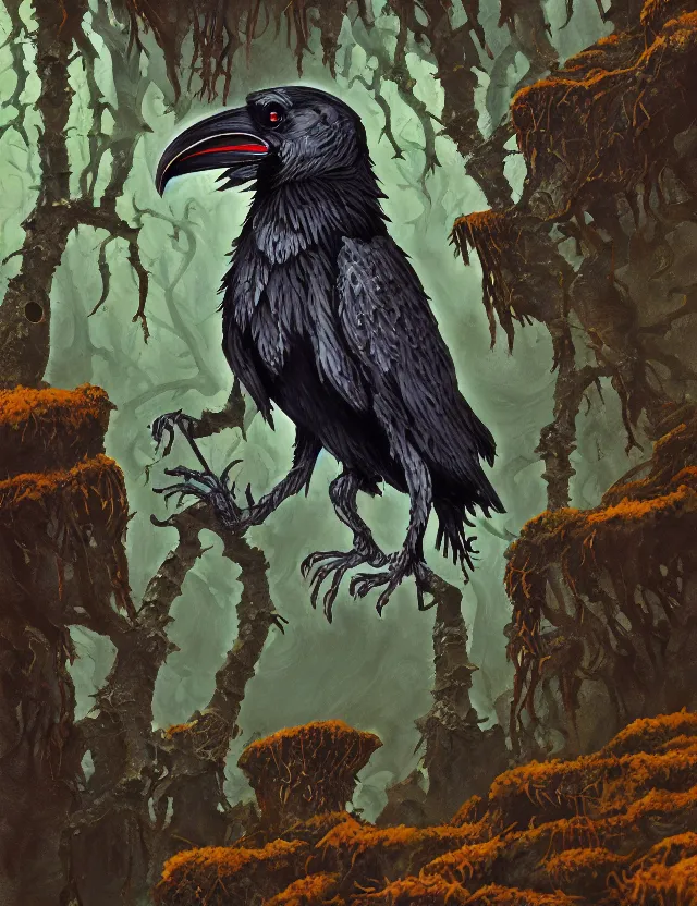 Image similar to raven god in the lichen woods. this gouache painting by the award - winning concept artist has an interesting color scheme, plenty of details and impeccable lighting.