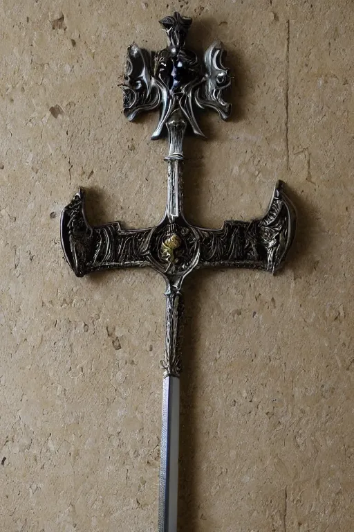 Image similar to sword of justice hanging on a wall, ornate gem in pommel, engraved blade