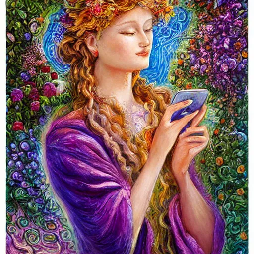 Image similar to a nature goddess checking her cell phone by josephine wall, acrylic on canvas, intricately detailed