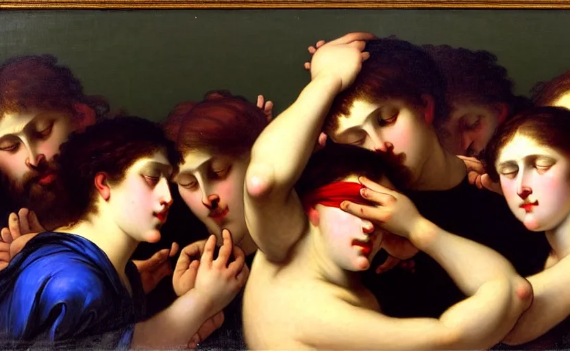 Image similar to alexandre cabanel painting of a frightened young man in a street surrounded by people without eyes and crt s 1 5 0