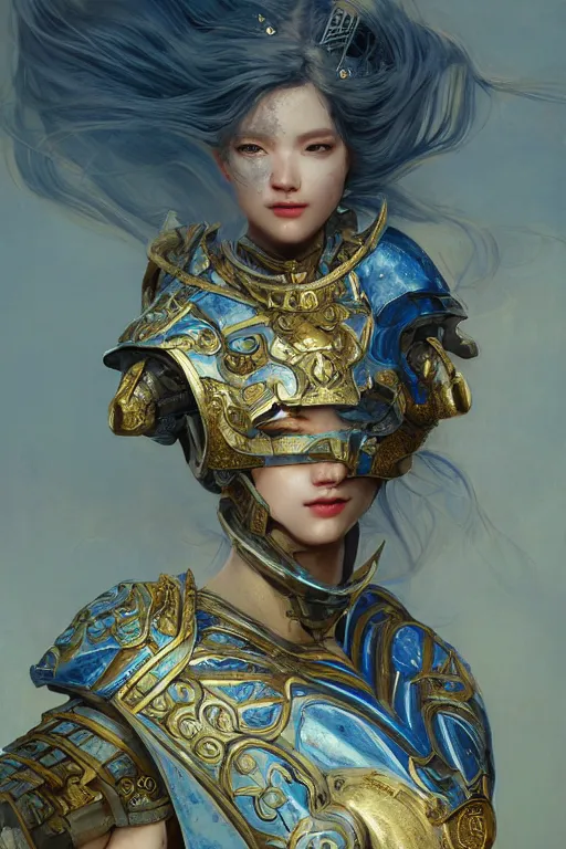 Image similar to portrait knights of Zodiac girl, Chinese Blue and white porcelain color reflected armor, in ruined Agora of Athens, ssci-fi, fantasy, intricate, very very beautiful, elegant, golden light, highly detailed, digital painting, artstation, concept art, smooth, sharp focus, illustration, art by tian zi and WLOP and alphonse mucha