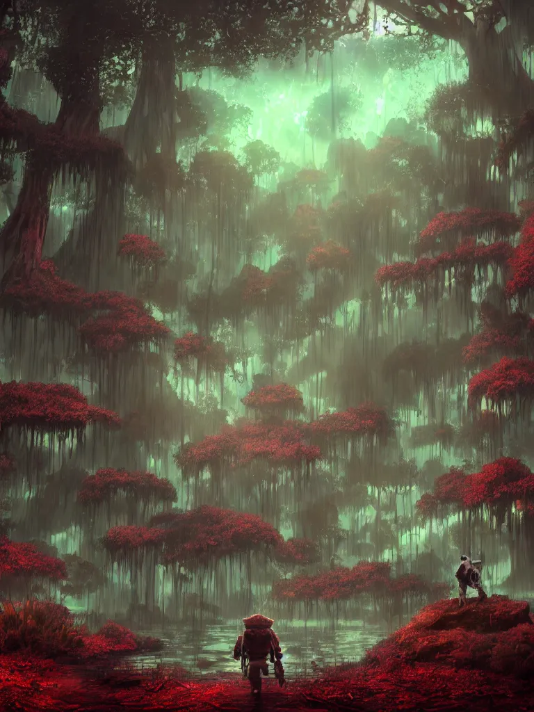 Prompt: resolution 4k hyper realistic wonder of exploration vast sky pepe frog cool colors of a swamp trees reaching to ward the sky godrays through the canopy made in abyss design Akihito Tsukushi design Narehate dream like storybooks damp swamp village at night fire flies luminous red dead 2 clothing dream like ethereal esoteric pepe the frog family village , dark, red woods Canopy , unnerving , disheartening , lonely , sad ,Luminism, prismatic , fractals , pepe the frog , art in the style of Dave sim , Akihito Tsukushi and Arnold Lobel