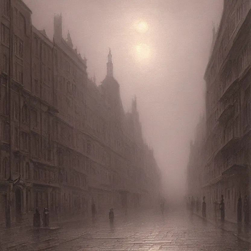 Prompt: beautiful painting of old London street scene spooky dark fog , Carl Gustav Carus