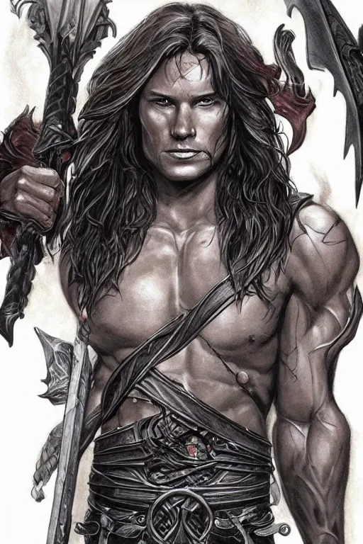 Image similar to face and torso portrait of pretty muscular sam winchester as a dark mage warrior tattooed, d & d!, fantasy style, sharp focus!, ultra detailed, art by artgerm and peter andrew jones, wlop