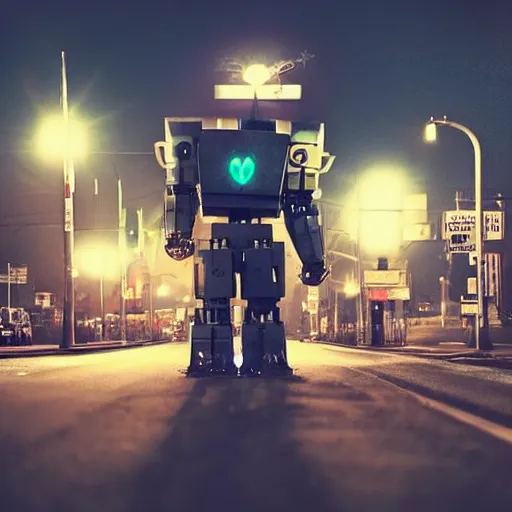 Image similar to giant robot at night, claws, humanoid, face, horror movie, stark light, dramatic lighting, evil smile, street at night, cars in the background, trash on the ground, night sky, scary, evil