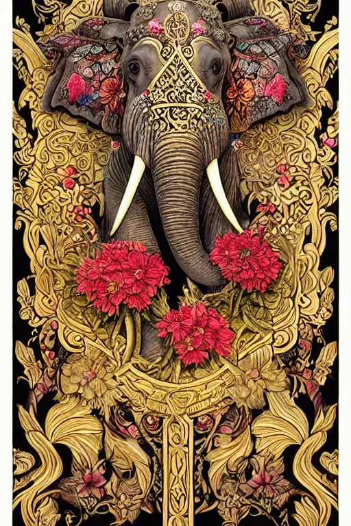 Image similar to Painted dark-wood panel relief carving of a close up of a Flowerpunk Matriarch Elephant, ornate border frame, explosion of colorful flowers, dark wood, intricately carved, black ink, festival of rich colors, intricate details, cinematic lighting, volumetric lighting, post-processing, art nouveau, tarot, by andreas rocha and john howe, and Martin Johnson Heade, featured on artstation, featured on behance, golden ratio, hyper detailed, photorealistic, epic composition, center spotlight, f32, well composed, symmetrical, UE5, 8k