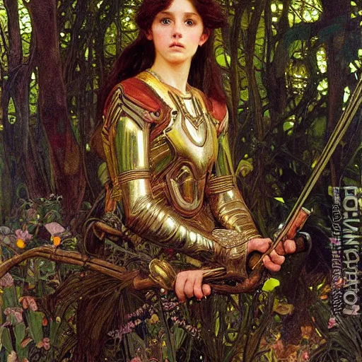 Prompt: a detailed, beautiful portrait oil painting of a girl who looks an 1 8 - year old, with a surprised expression, wearing intricate, full - plate iridescent armor in an ancient forest, by donato giancola, alphonse mucha, and john williams waterhouse