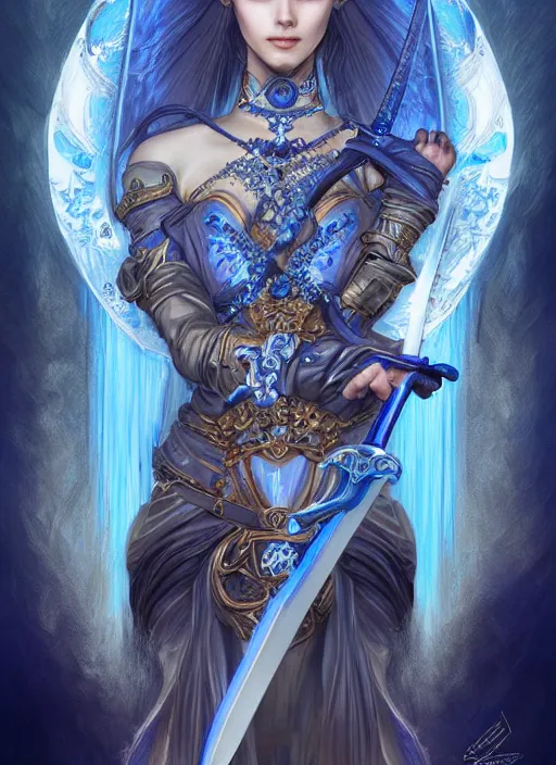 Prompt: blue fantasy sword, intricate, elegant, highly detailed, digital painting, 4k, HDR, concept art, detailed jewelry, smooth, sharp focus, illustration, art by Artgerm, H R Giger and Alphonse Mucha