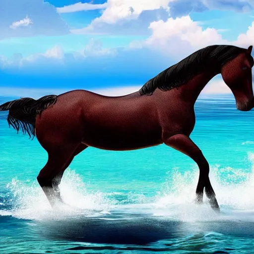 Image similar to horse swimming in the ocean with fork and knife, photorealistic, high detail