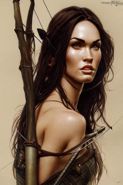 Image similar to portrait of megan fox as an elven archer, dark, piercing eyes, gentle expression, elegant clothing, photorealistic, highly detailed, artstation, smooth, sharp focus, art by michael whelan, artgerm, greg rutkowski and alphonse mucha