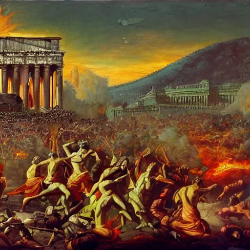 Image similar to nuclear war, fall of rome, epic painting