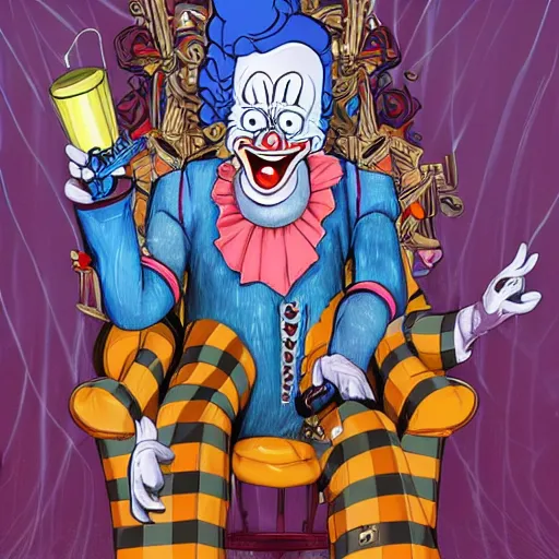 Prompt: krusty the clown wearing bizarre clown makeup, and intricate clown costume, sitting on a throne in an abandoned subway, by rossdraws, vivid colors, studio lighting, digital artwork, uhd, best of artstation