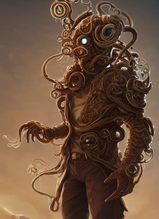 Image similar to a highly detailed illustration of wavy brown haired young white guy wearing brown coat and face mask with many mechanical tentacle arms on his back, dramatic hands in pocket standing pose, intricate, elegant, highly detailed, centered, digital painting, artstation, concept art, smooth, sharp focus, league of legends concept art, WLOP