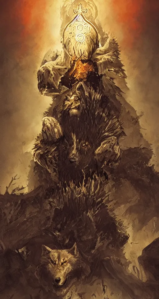 Image similar to king of the wolves. throne of the treasure of the holy grail. By Travis Charest, James Gurney, and Ashley Wood. dramatic lighting. Magic the gathering. digital painting.